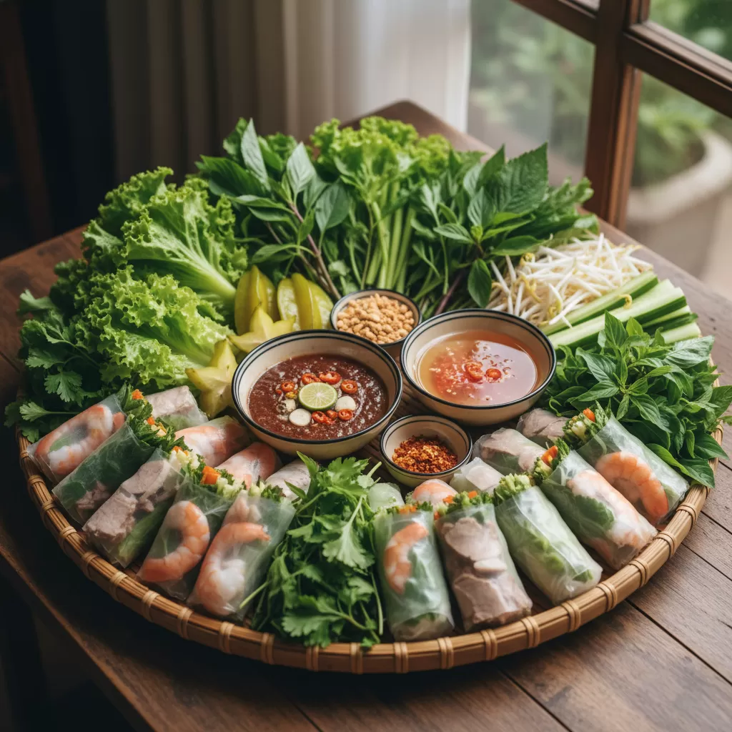 Bánh tráng cuốn thịt heo  sự kết hợp hài hòa giữa vị ngọt của thịt và tươi mát của rau