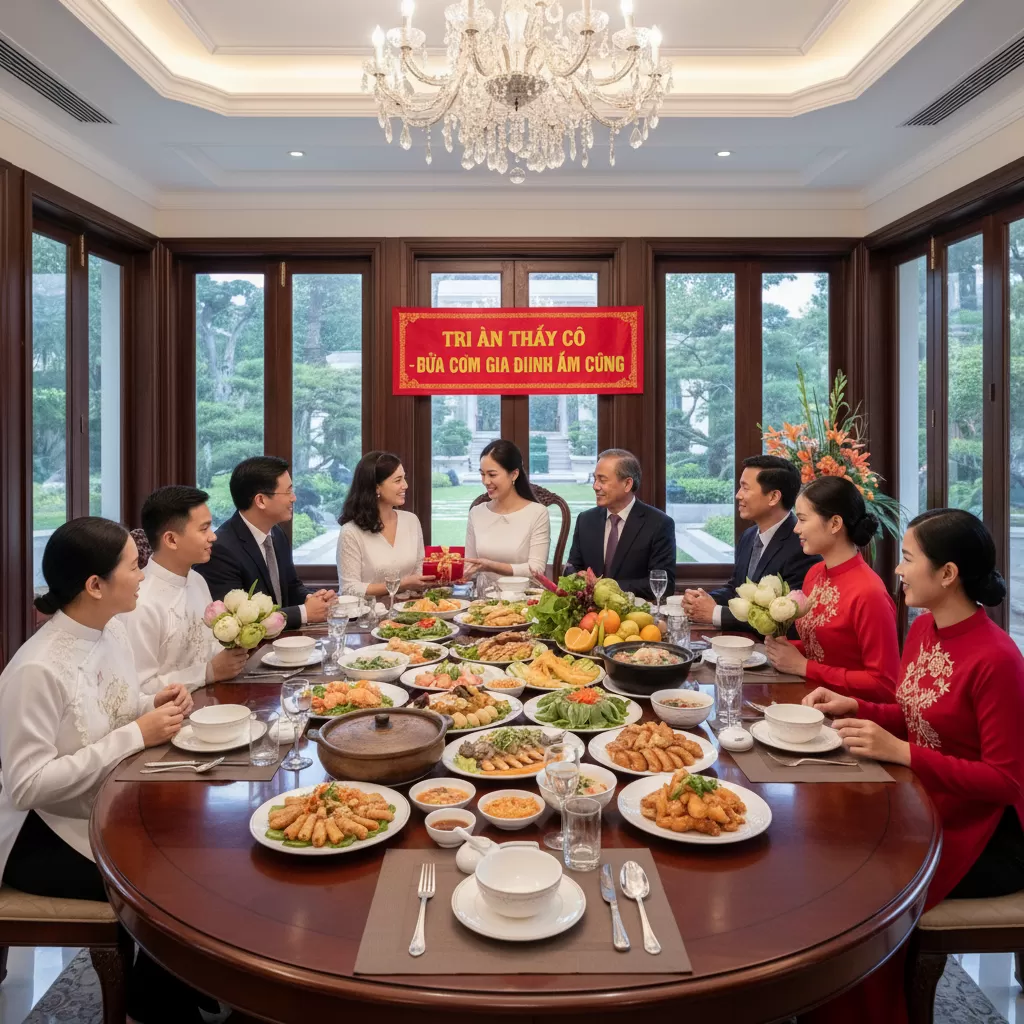 Bữa cơm sum họp là dịp để bày tỏ lòng tri ân sâu sắc với thầy cô và người lớn tuổi