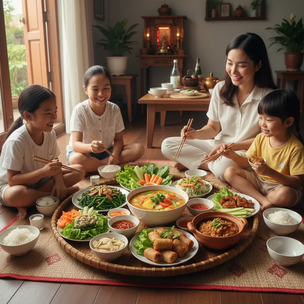 gemini_image_1770304592 Mâm cơm gia đình truyền thống luôn là lựa chọn ưu tiên cho các đoàn khách đông người