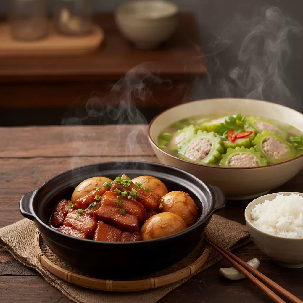 gemini_image_1770306900-1 Thịt kho hột vịt và canh khổ qua là những món ăn mang ý nghĩa may mắn trong ngày Tết