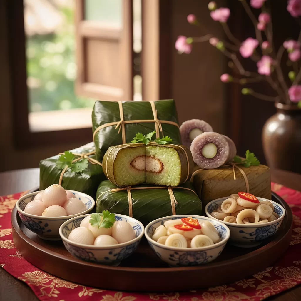 gemini_image_1770306900 Bánh chưng và dưa hành sự kết hợp hoàn hảo gợi nhớ hương vị Tết quê nhà