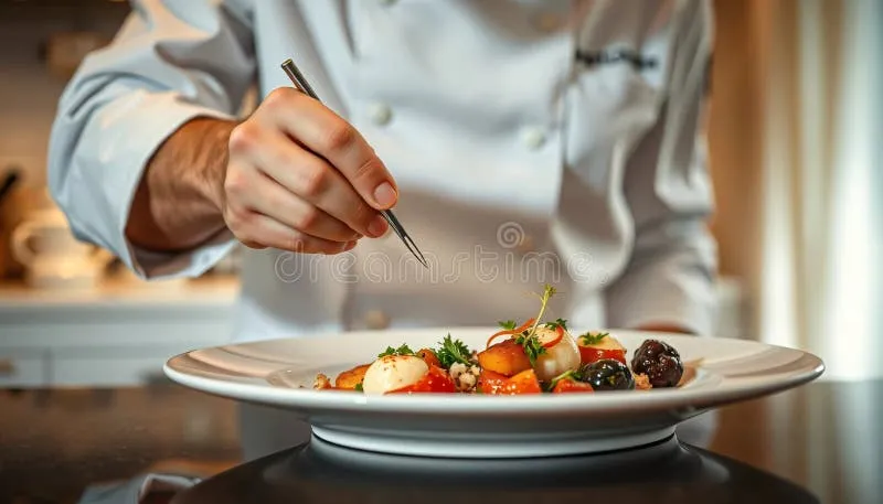 chef-plating-gourmet-dish-precision-artistic-flair-professional-meticulously-plates-white-plate-image-showcases-380974677 Sự kết hợp giữa nguyên liệu thượng hạng và kỹ thuật chế biến điêu luyện tạo nên linh hồn cho món ăn