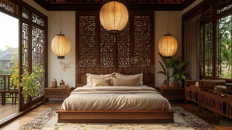 Phòng ngủ ấm cúng với sự kết hợp giữa vách ngăn gỗ truyền thống và nội thất hiện đại