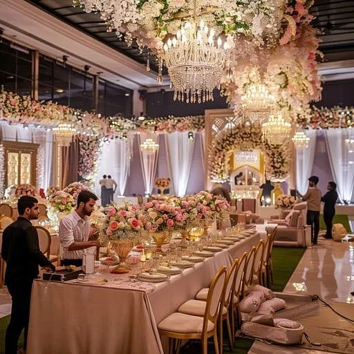 Không gian sảnh tiệc sang trọng được chuẩn bị chu đáo cho khách hàng đặt trước