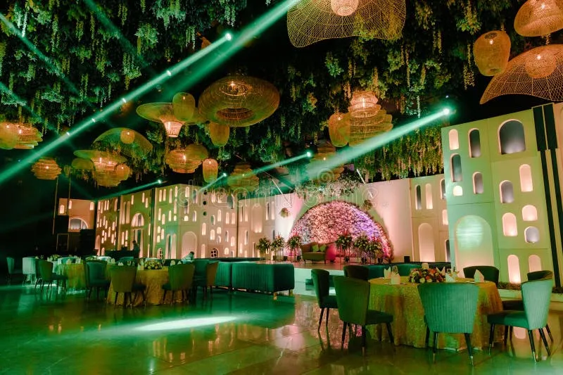 elegant-event-hall-illuminated-stage-decorative-ceilings-cozy-seating-modern-ambiance-weddings-parties-opulent-443313285 Không gian tổ chức sự kiện tinh tế với thiết kế hiện đại và ánh sáng ấm cúng