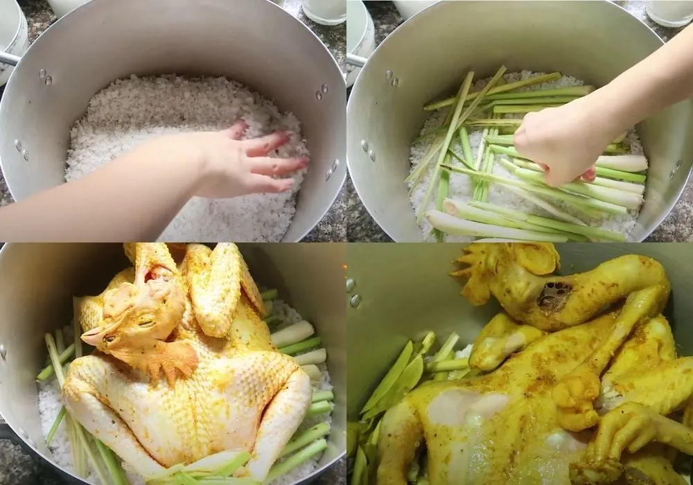 ga-hap-muoi-sa-04 Kỹ thuật hấp cách thủy bằng muối giúp giữ trọn vẹn vị ngọt tự nhiên của gà đen