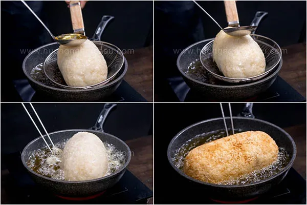 Kỹ thuật chiên ngập dầu và xối mỡ liên tục giúp lớp vỏ gà bó xôi vàng đều và giòn tan