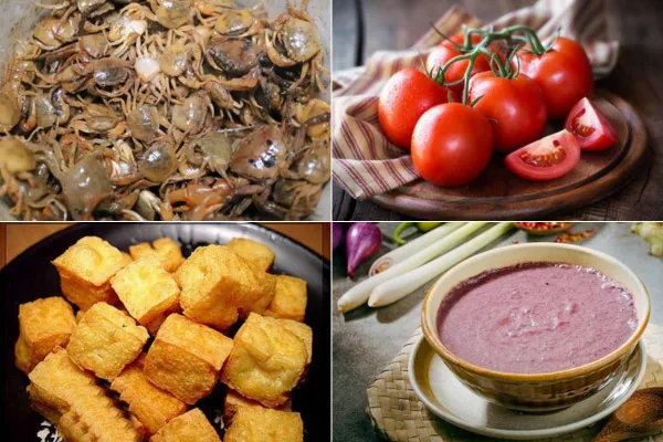 Các nguyên liệu tươi ngon chuẩn bị cho món bún riêu cua đậm đà