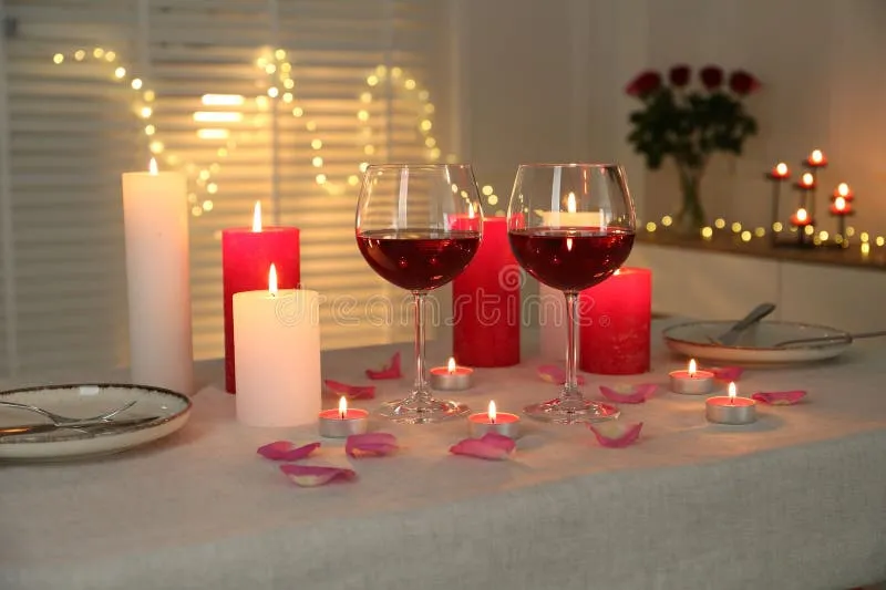 romantic-place-setting-red-wine-burning-candles-rose-petals-table-against-blurred-lights-426298817 Không gian tiệc kỷ niệm ngày cưới ấm cúng và sang trọng với ánh nến lung linh