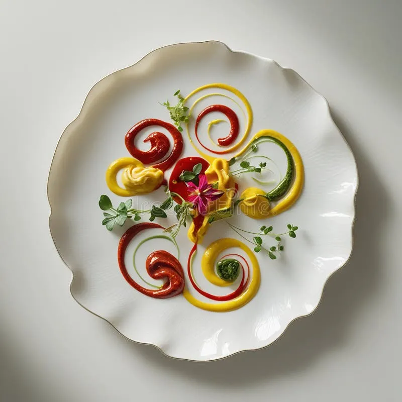 ruffled-white-plate-features-swirling-patterns-ketchup-mustard-green-sauce-accented-edible-flower-microgreens-425435139 Nghệ thuật trình bày món ăn đỉnh cao tạo nên sự lôi cuốn về thị giác